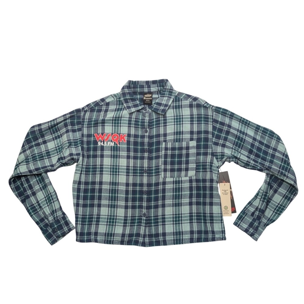 NWT No Boundaries Stranger‎ Things Flannel Womens XS Blue Plaid Hawkins Cropped